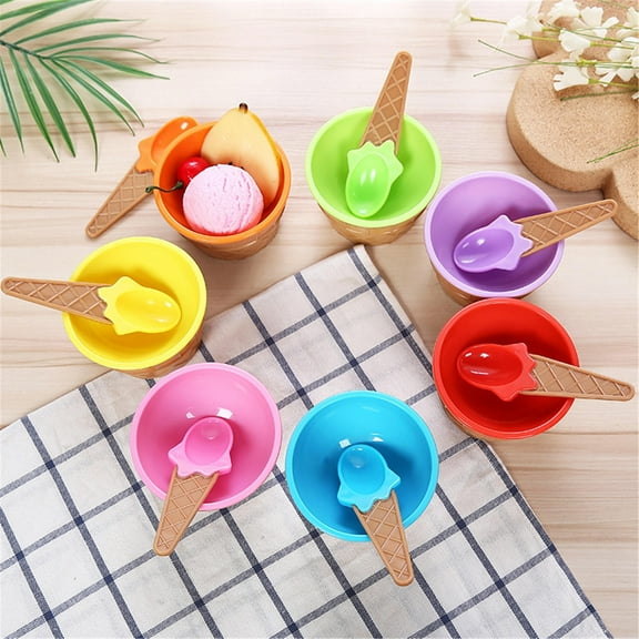 Lovely Ice Cream Bowl & Matching Spoon Set, Food-Grade Odorless Reusable Plastic Dessert Cups, Stackable Sundae Bowls, Multi-Purpose Tableware for Daily Use, Birthday Party
