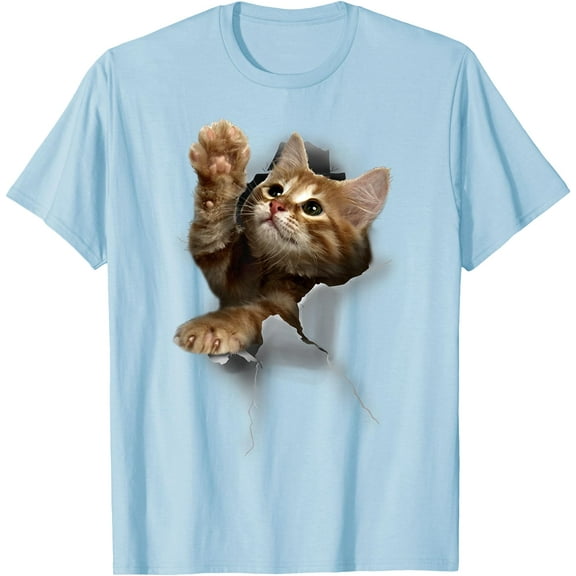 Lovely Kitten Cracked Wall Unisex T-Shirt for Men Women Kids Toddler,Light Blue Color,Size YS