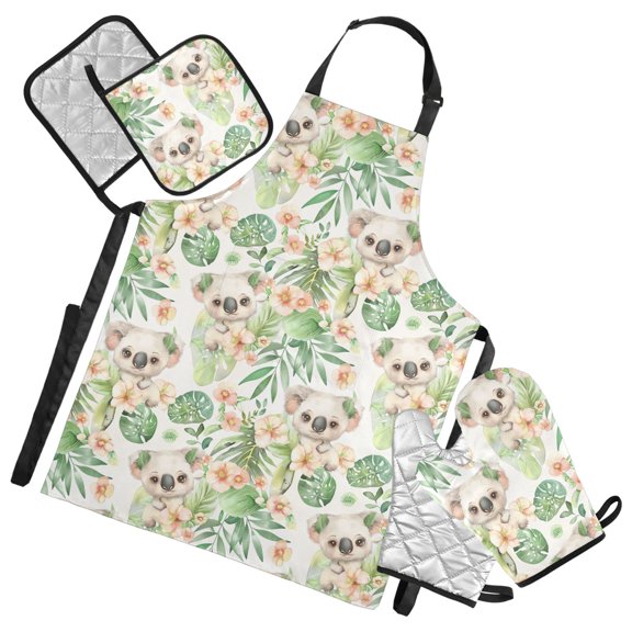 Lovely Koalas and Leaves 5 Pcs Kitchen Set Heat Resistant Oven Mitts and Non-Slip Pot Holders with Adjustable Cooking Apron