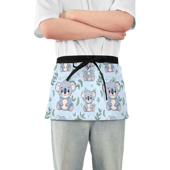 Lovely Koalas with Leaf Server Apron with 3 Pockets Waterproof Waitress Waist Short Apron for Man Woman 12 Inches