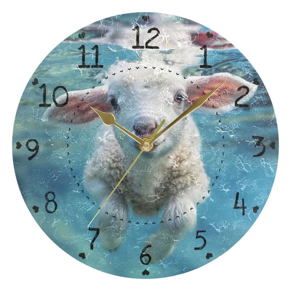Lovely Lamb Swimming Underwater Round Wall Clock Silent Analog Battery Operated Gold Pointer Home Decor 9.84" Diameter
