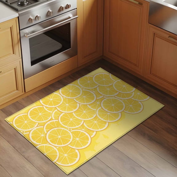 Lovely Lemon 2x3 Rug for Entryway Front Door Kitchen Sink Area, Simple Yellow Fruit Slices Pastoral Botanical Low Pile Washable Non Slip Rectangle Area Rug