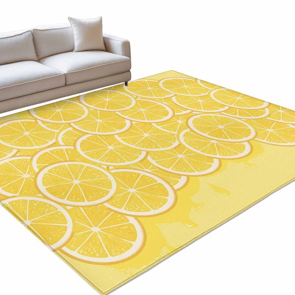 Lovely Lemon 6x9ft Non Slip Area Rug Simple Yellow Fruit Slices Pastoral Botanical Washable Soft Area Rugs for Living Room, Indoor Circle Carpet for Bedroom Dining Room Kitchen