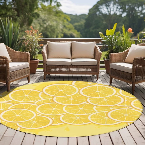 Lovely Lemon 8ft Round Rug for Open Concept Living Room Seating Zone, Simple Yellow Fruit Slices Pastoral Botanical Washable Non Slip Large Circle Area Rug