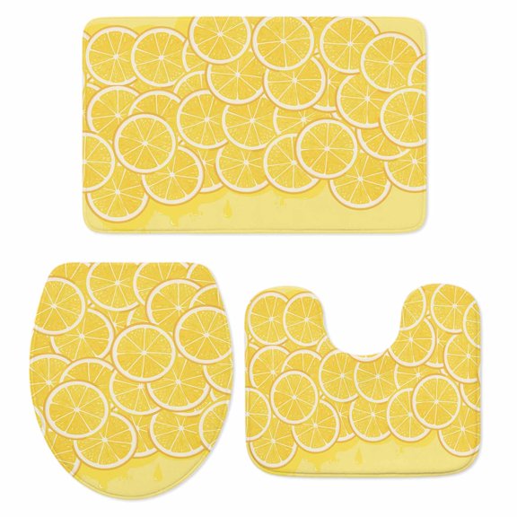 Lovely Lemon Bathroom Rugs Set Simple Yellow Fruit Slices Pastoral Botanical Non Slip Absorbent Soft Bath Mats 3 Piece Set with Bathroom Rug, U-Shaped Floor Mat, Toilet Seat Cover Large Size