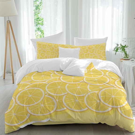 Lovely Lemon California King Duvet Cover Set, Simple Yellow Fruit Slices Pastoral Botanical 4 Piece Microfiber Bedding Set with Zipper Closure, Bed Sheet and 2 Pillow Shams, Soft Bedding Cover