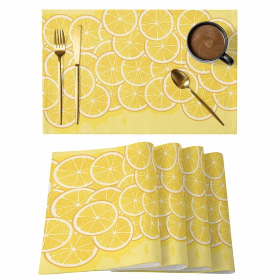 Lovely Lemon Cotton Linen Placemats Set of 1, Simple Yellow Fruit Slices Pastoral Botanical Washable Table Place Mats Heat Insulating Placemat for Dining Room Kitchen Daily Use 13 x 19 Inch
