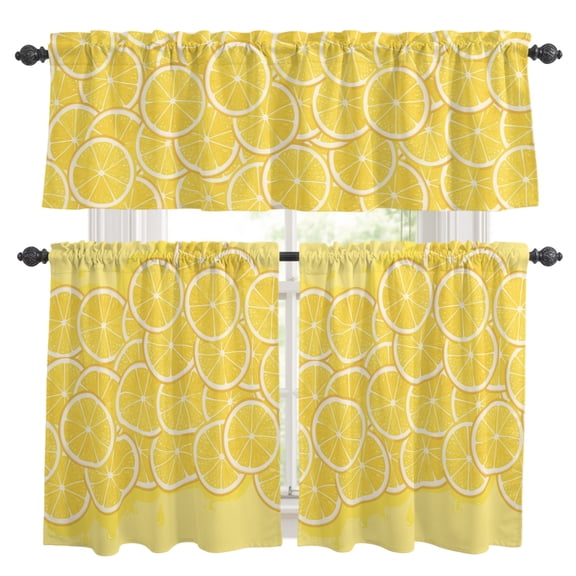 Lovely Lemon Kitchen Curtains Set for Windows, Simple Yellow Fruit Slices Pastoral Botanical Curtains Valance and Tier 3 Piece Set Small Drapes 36 Inch Length for Kitchen Bedroom Decor