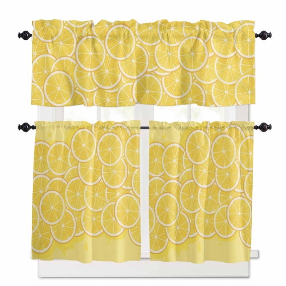 Lovely Lemon Kitchen Curtains Valance and Tier Set Simple Yellow Fruit Slices Pastoral Botanical Short Curtains for Small Window 3 Pieces Set for Bedroom Bathroom Cafe (54" x 18"+27" x 24")