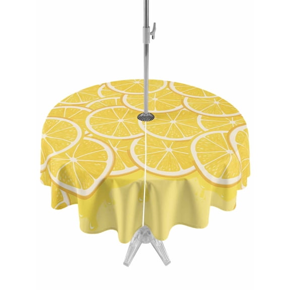 Lovely Lemon Round Outdoor Tablecloth with Umbrella Hole Simple Yellow Fruit Slices Pastoral Botanical 54 Inch Round Waterproof Table Cover Zippered Table Cloth for Garden Patio