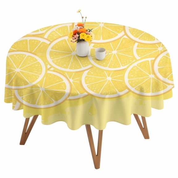 Lovely Lemon Round Tablecloth 54 inches Simple Yellow Fruit Slices Pastoral Botanical Waterproof Oil-Proof Table Cloth Round Table Cover for Holiday Party Picnic Dinner Decor Indoor and Outdoor Use