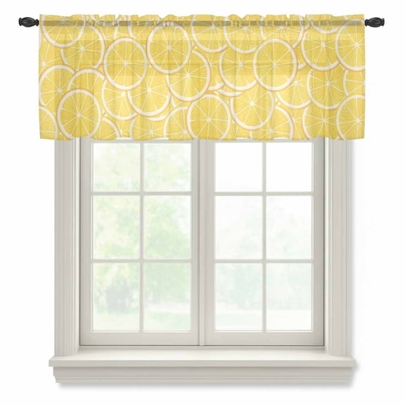 Lovely Lemon Semi Sheer Valance Curtains Simple Yellow Fruit Slices Pastoral Botanical Voile Valances Curtain Rod Pocket Small Window Treatment for Kitchen Bathroom Cafe 42"x12"