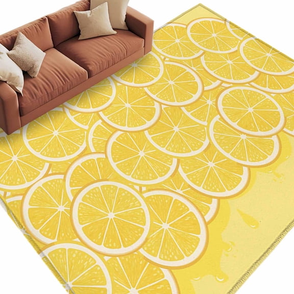Lovely Lemon Washable Area Rug 5 x 7 ft Simple Yellow Fruit Slices Pastoral Botanical, Soft Non Slip Rugs Stain Repellent Indoor Felt Carpet for Living Dining Room Bedroom Home Office