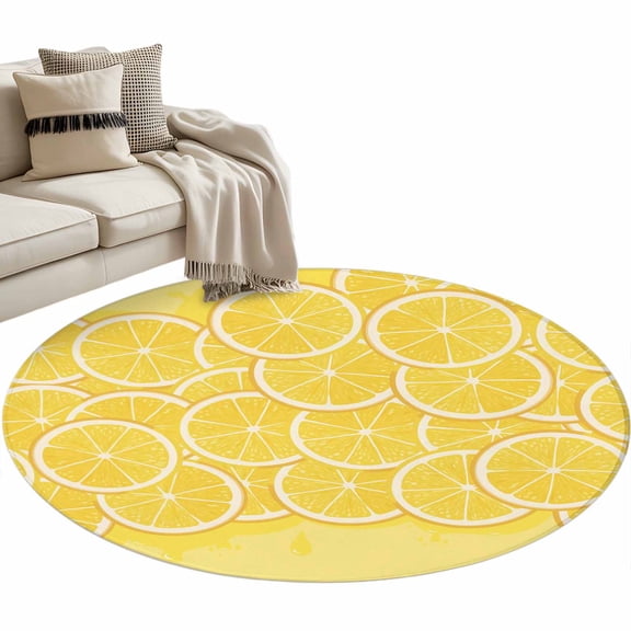 Lovely Lemon Washable Round Area Rug 4 ft, Simple Yellow Fruit Slices Pastoral Botanical, Soft Non Slip Rugs Stain Repellent Indoor Felt Carpet for Living Dining Room Bedroom Home Office