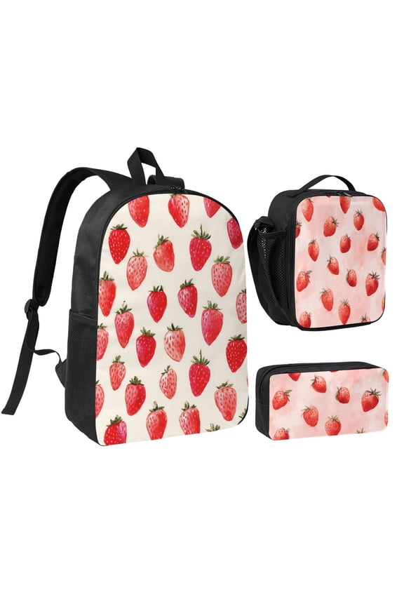 Lovely Light Pink Strawberry (2) Backpack 17 Inch Set with Lunch Bag and CaseDurableTravel Bag Combo for Work Commuting Daily Use