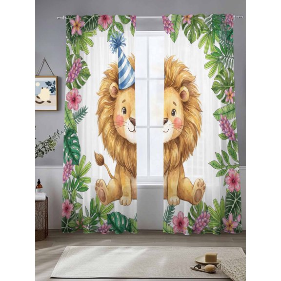 Lovely Lion Cartoon Animal Pattern Chiffon Sheer Curtains 84 Inches Long Summer Tropical Floral Leaves Rod Pocket Window Curtains Voile Drapes Curtains for Living Room Bedroom,2 Panels