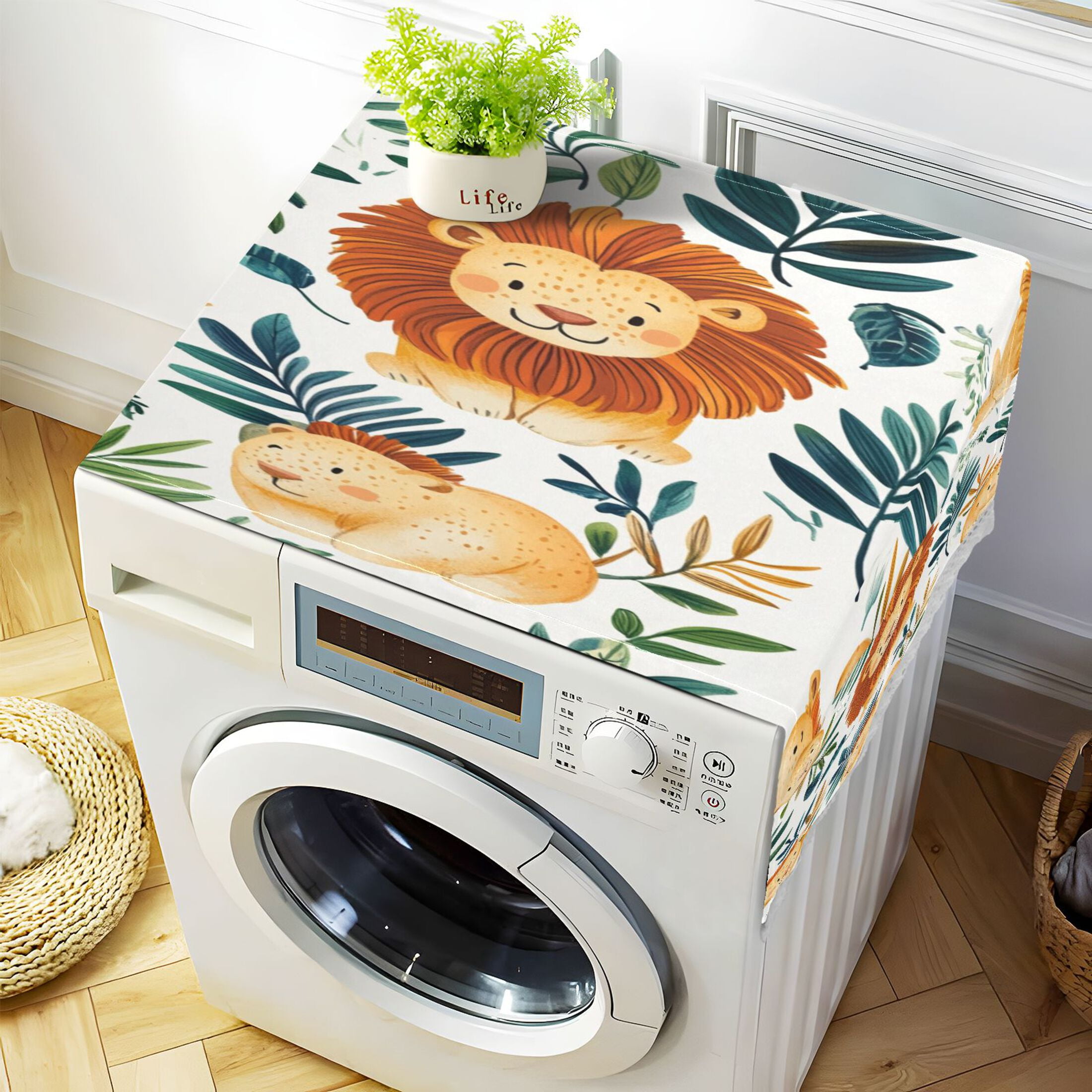 Lovely LionWasher and Dryer Covers Dust-Proof and Oil Resistant Fridge Cover with 4 Storage Pockets Washing Machine Top Cover for Laundry Kitchen Home 51.2 x 22 In