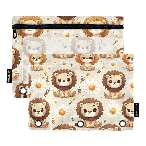 Lovely Lions and Daisy 2 Pack Pencil Pouch for 3 Ring Binder Smooth Zipper Folders with Pockets Clear Window Pencil Case