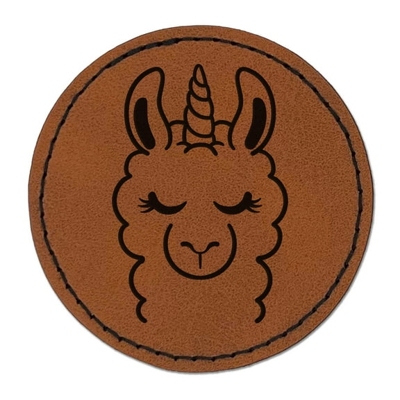 Lovely Llamacorn Llama Unicorn 2.5" Faux Leather Round Engraved Iron-On Patch - Brown
