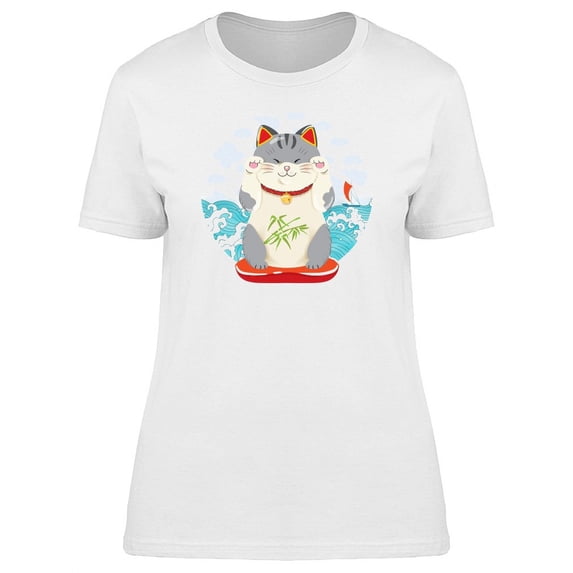 Lovely Maneki Neko Cat Cartoon T-Shirt Women -Image by Shutterstock, Female Medium