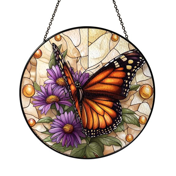 Lovely Monarch Butterfly Purple Aster Suncatcher Ornament Item Glass