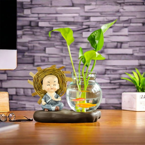 Lovely Monk Resin Hydroponic Vase, Small Bonsai Planter Desk Decoration, Cute Figurine Pottery Ornament, One Piece Durable Resin Material Low Maintenance, for Living Room & Workspace Decor
