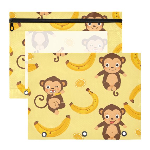 Lovely Monkey Lemon Banana 3-Ring Binder Pouches A4 Size Zipper Pocket File Storage 2 Packs