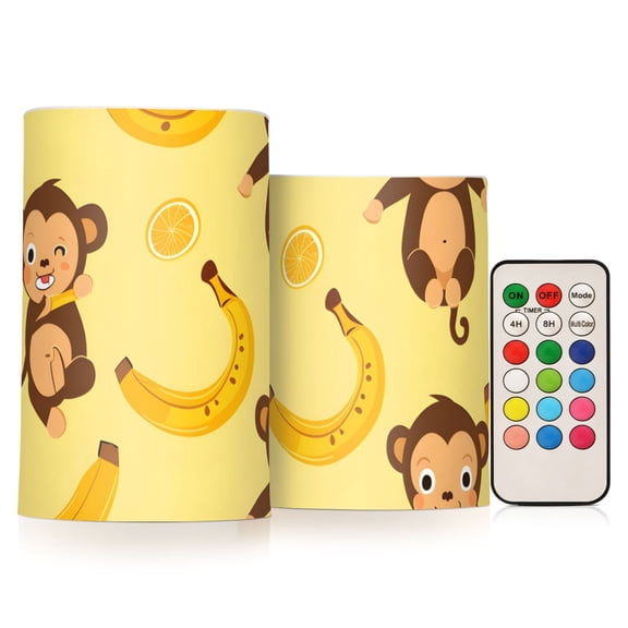 Lovely Monkey Lemon Banana Flickering Flameless Candles LED Tealight Battery Operated with Remote Set of 2 Holiday Decor Ornaments