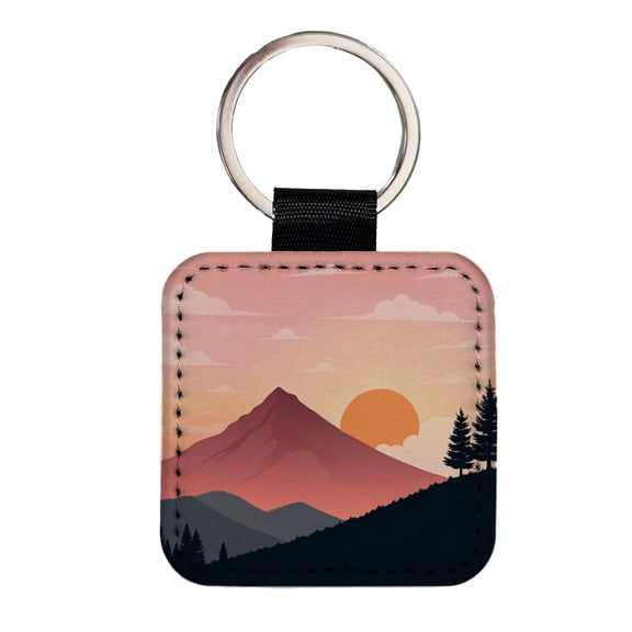Lovely Mountain Sunset Faux Leather Square Keychain