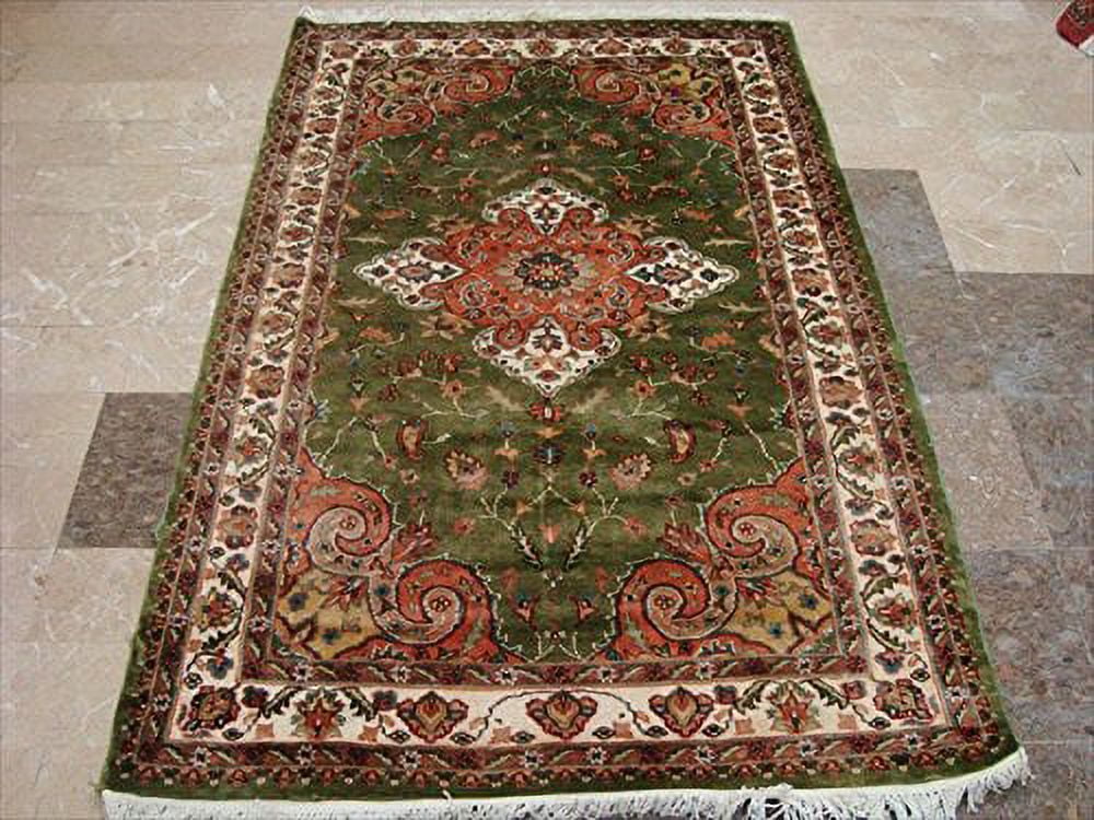 Lovely Olive Green Medallion Rectangle Area Rug Hand Knotted Wool Silk