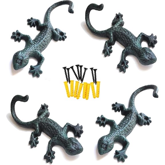Lovely Outdoor Cast Iron Pool Towel Wall Hooks, Cool Gecko Heavy-Duty Coat Hooks, Fun Lizard Pool Towel Holder for Outdoor and Indoor Gecko Key Holder and Wall Dcor. Set of 4