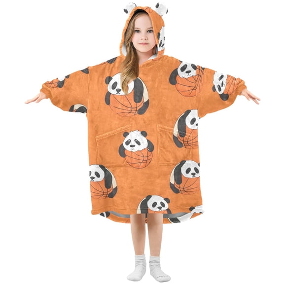 Lovely Pandas Hug Basketballs Flannel Wearable Blankets Hooded Design Long Sleeves Wrap Unisex for 3T-14Y L