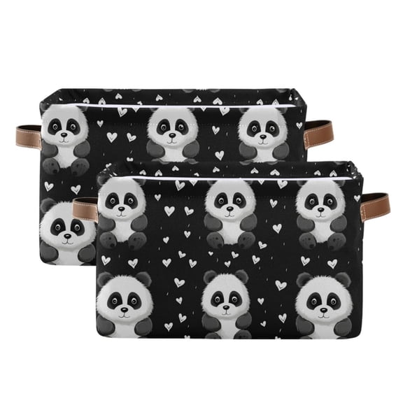 Lovely Pandas and Heart Storage Bins with Handle Fabric Organizer Basket Foldable Box 2 Pack 14.2x10.2x8.3