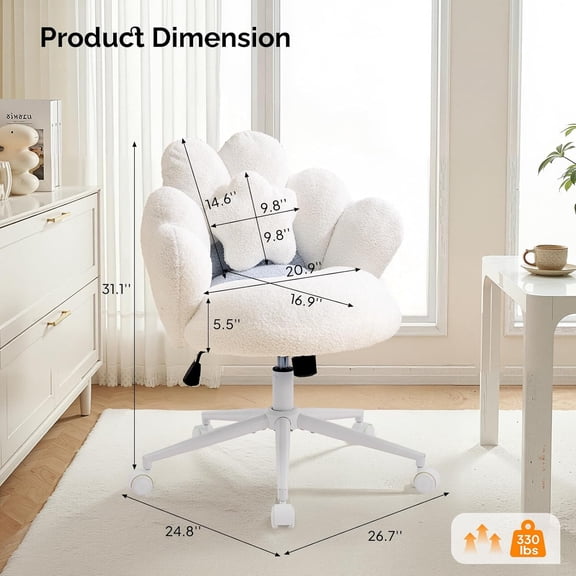 Lovely Petal Vanity Desk Chair with Star Pillow, Height Adjustable Armless Swivel Chair in Vibrant Color-Blocking, Modern Computer Task Chair for Bedroom & Home Office, Teddy Fleece, White