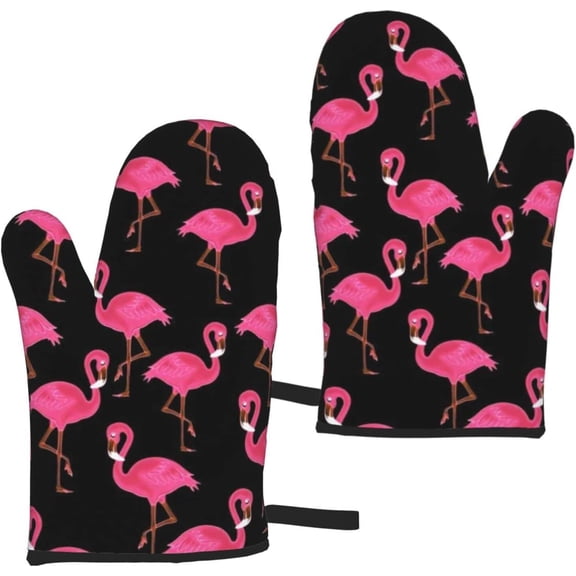 Lovely Pink Flamingos Oven Mitts 2-Pack, Fashion Heat Resistant Safe Cooking Baking Grilling BBQ Easy Washable Kitchen Oven Gloves Accessories