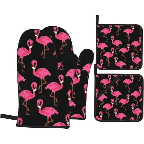 Lovely Pink Flamingos Print Oven Mitts and Pot Holders Sets,Kitchen Oven Glove High Heat Resistant 500 Degree Oven Mitts and Potholder,Surface Safe for Baking, Cooking, BBQ,Pack of 4
