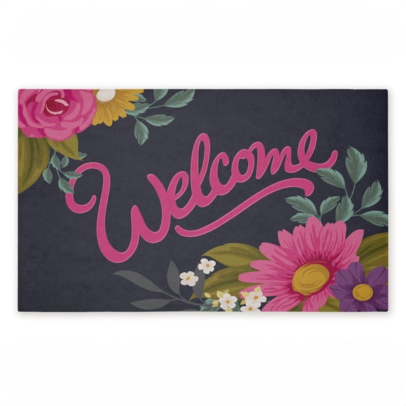 Lovely Pink Flower Welcome Printed Outdoor Door Mat, design by Angela Nickeas, 18"x30"