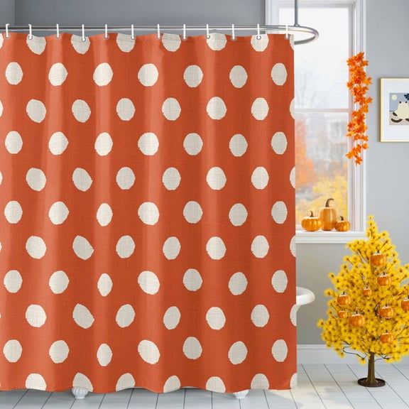 Lovely Polka Dots on Orange Shower Curtain for Bathroom, Wave Point Vintage Linen Waterproof Shower Curtains Washable Quick Dry with Hooks Bathtub Curtains 72x72 IN