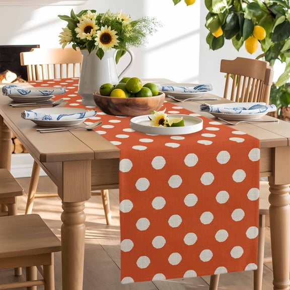 Lovely Polka Dots on Orange Table Runner-90 Inch Long Wave Point Vintage Linen Table Runners Linen Burlap Tablerunner for Kitchen Dining Room Holiday Party