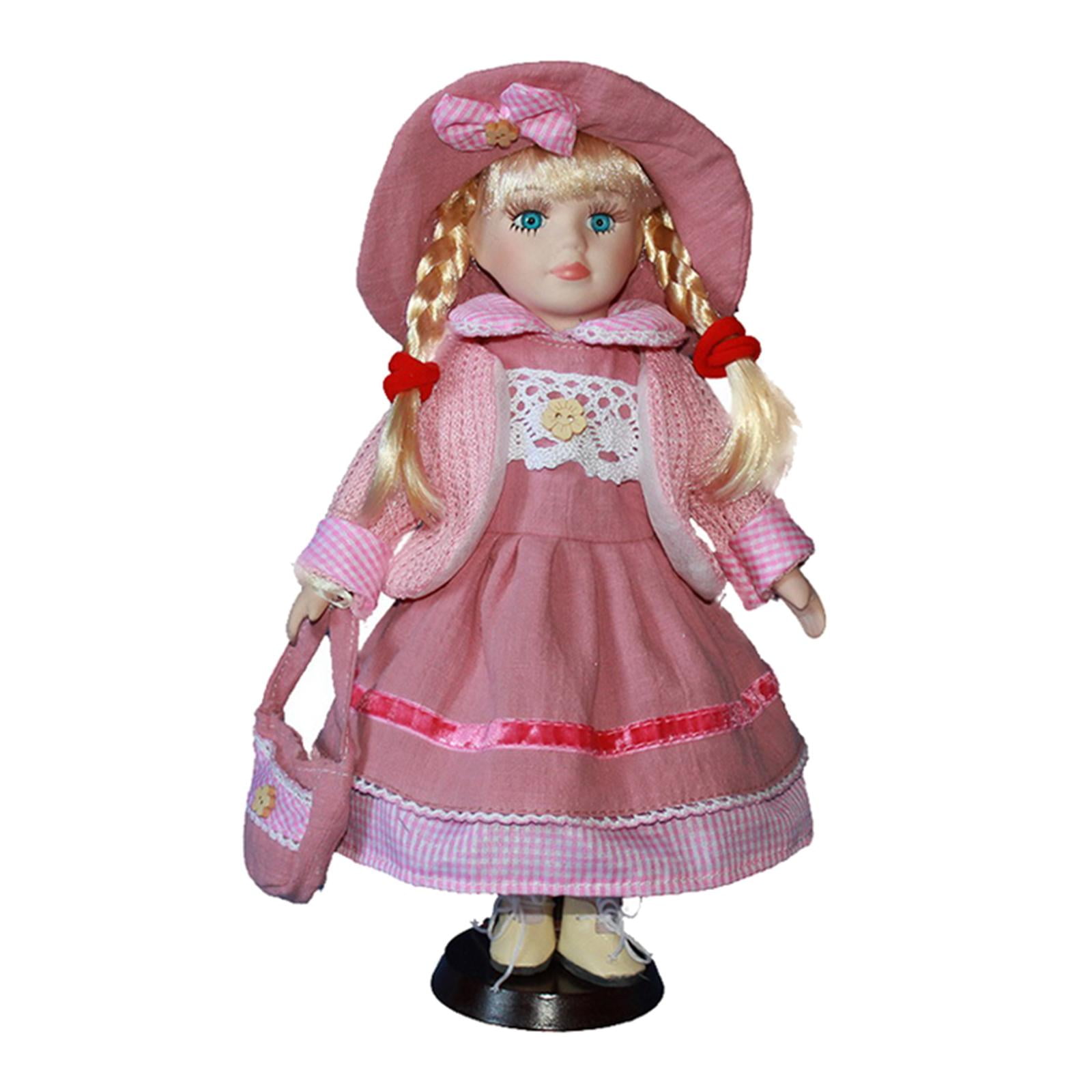 Lovely Porcelain Doll Girl Figures with Pink Clothes Hat Set Gift
