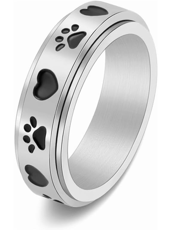 Lovely Puppy Paw Print Rotatable Titanium Stainless Steel Fidget Band Rings for Women Men Cute Anti Anxiety Stress Relief Spinner Rings Minimalist Statement Promise Rings for Son Daughter Christmas