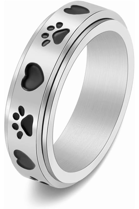 Lovely Puppy Paw Print Rotatable Titanium Stainless Steel Fidget Band Rings for Women Men Cute Anti Anxiety Stress Relief Spinner Rings Minimalist Statement Promise Rings for Son Daughter Christmas