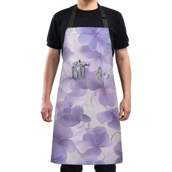 Lovely Purple Flowers Chef Kitchen Apron with Pockets for Women Waterproof Aprons for Cooking Baking