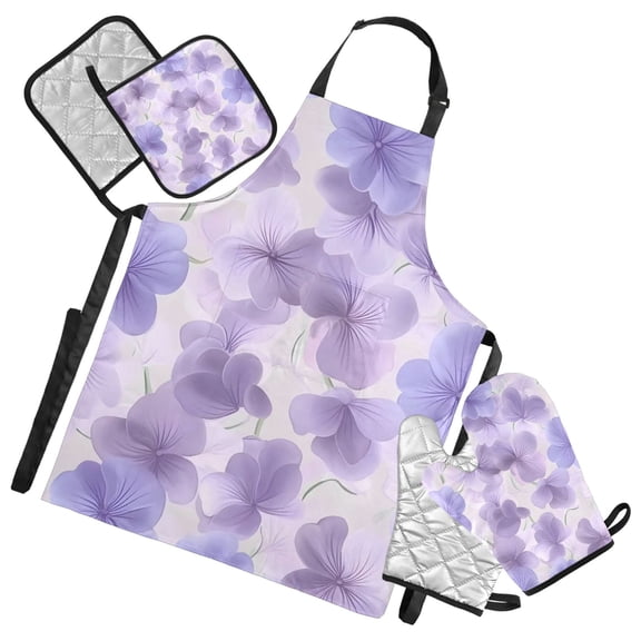 Lovely Purple Flowers Oven Mitts and Pot Holders with Chef Apron Set 5 Pcs Kitchen Cooking Set