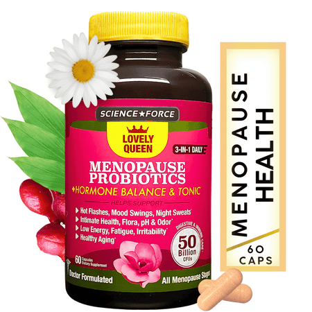 Lovely Queen Menopause Relief + Hormone Balance, Hot Flashes, Mood Swings, Night Sweats + Vaginal Health, Odor, pH & Dryness, 3-in-1 Women Supplement, 50 Billion CFU, 60 ct