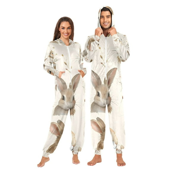 Lovely Rabbit Adult Onesie Pajamas Slim Fit Christmas One Piece Suit Pjs for Women and Men Hooded Zipper