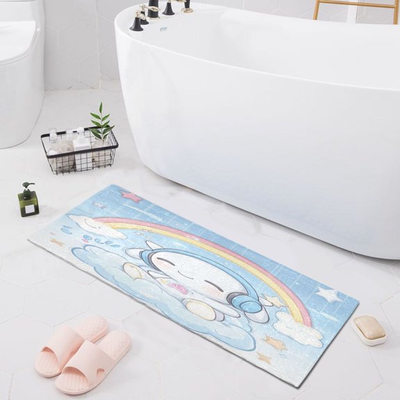 Lovely Rabbit Rainbow Clouds Stars Bath Mat 39x20 Non-Slip Bathroom Rugs Absorbent Soft Plush Quick Dry for Tub Shower Kitchen Home Decor