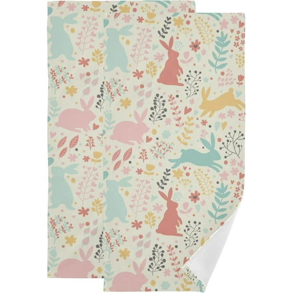 Lovely Rabbits Flowers Hand Towels, Spring Easter Kitchen Towel Ultra Soft and Absorbent,Decorative Fingertip Face Towel for Bathroom Hotel, 2 PCS, 28.3"x 14.4"