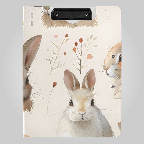 Lovely Rabbits with Leaves Cartoon Style Foldable Binder Folder Clipboard with Pen Slot Double Clips A4 Size File Storage