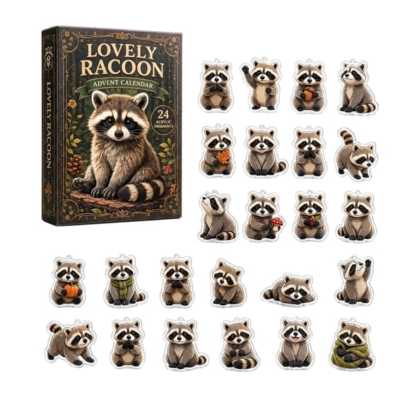 Lovely Raccoon 2026 Advent Calendar Surprise Gift Box, 24Piece 2D Acrylic Hanging Charm Ornament Collection, Woodland RaccoonTheme 24Day Holiday Countdown Set